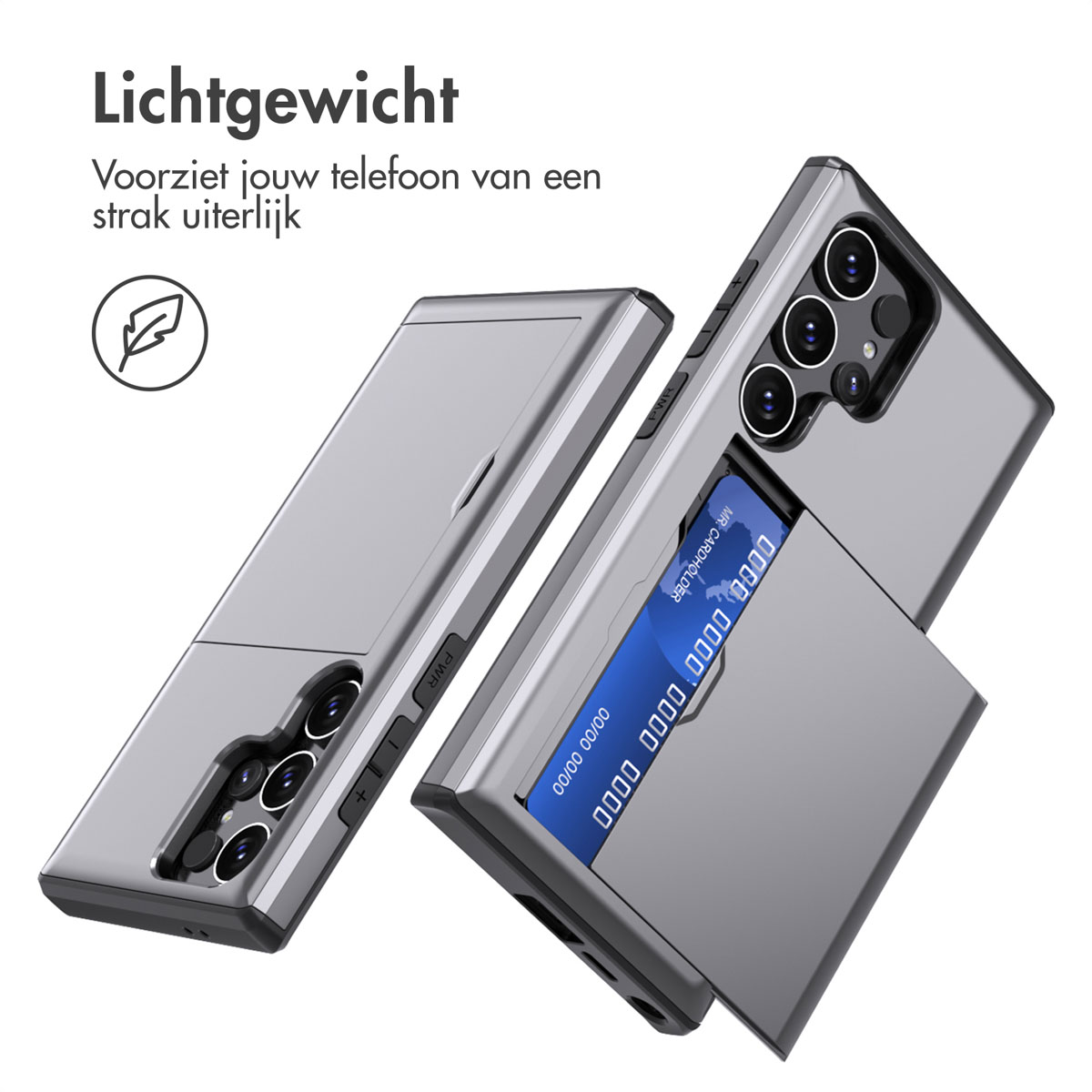 Twee grijze telefoonhoesjes, één met een kaarthouder, en een telefoon. De tekst zegt dat het lichtgewicht is.