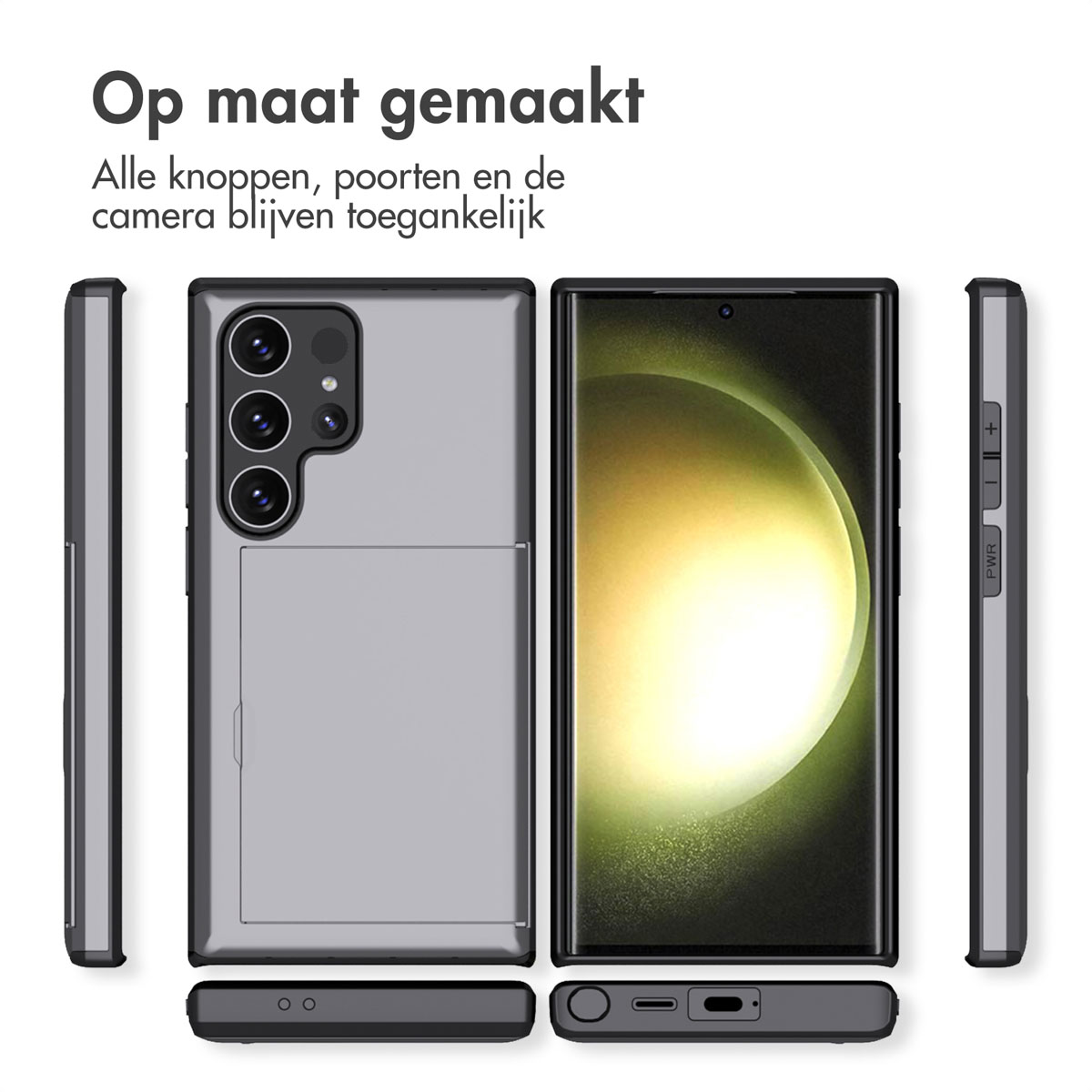 Grijze telefoonhoes met telefoon in verschillende hoeken. Witte achtergrond. De hoes heeft een kaartsleuf.