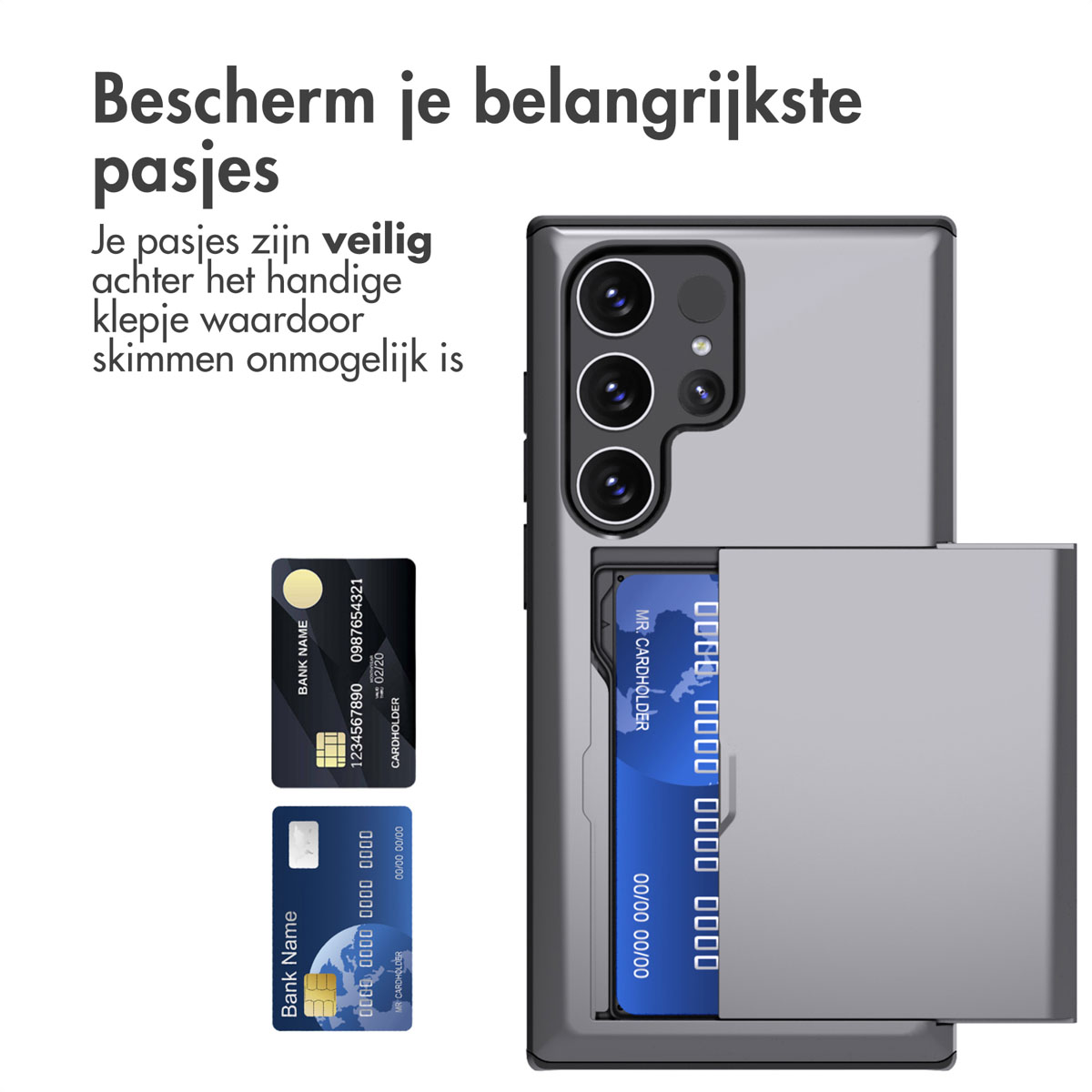Telefoonhoes met kaartsleuven. Twee creditcards worden naast de hoes weergegeven.