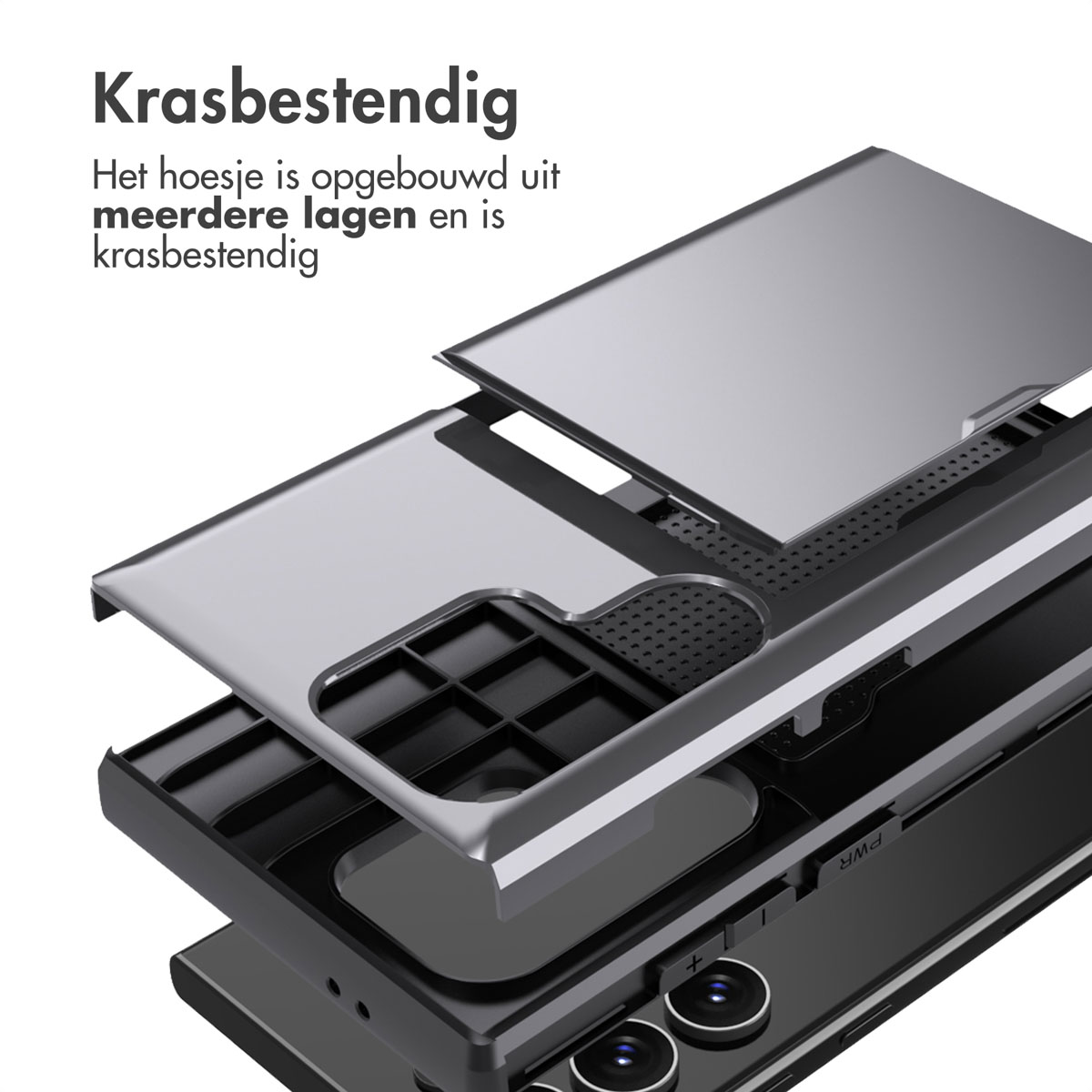 Ontploft aanzicht van een telefoonhoesje. Bovenste, middelste en onderste lagen. De telefoon is zichtbaar.