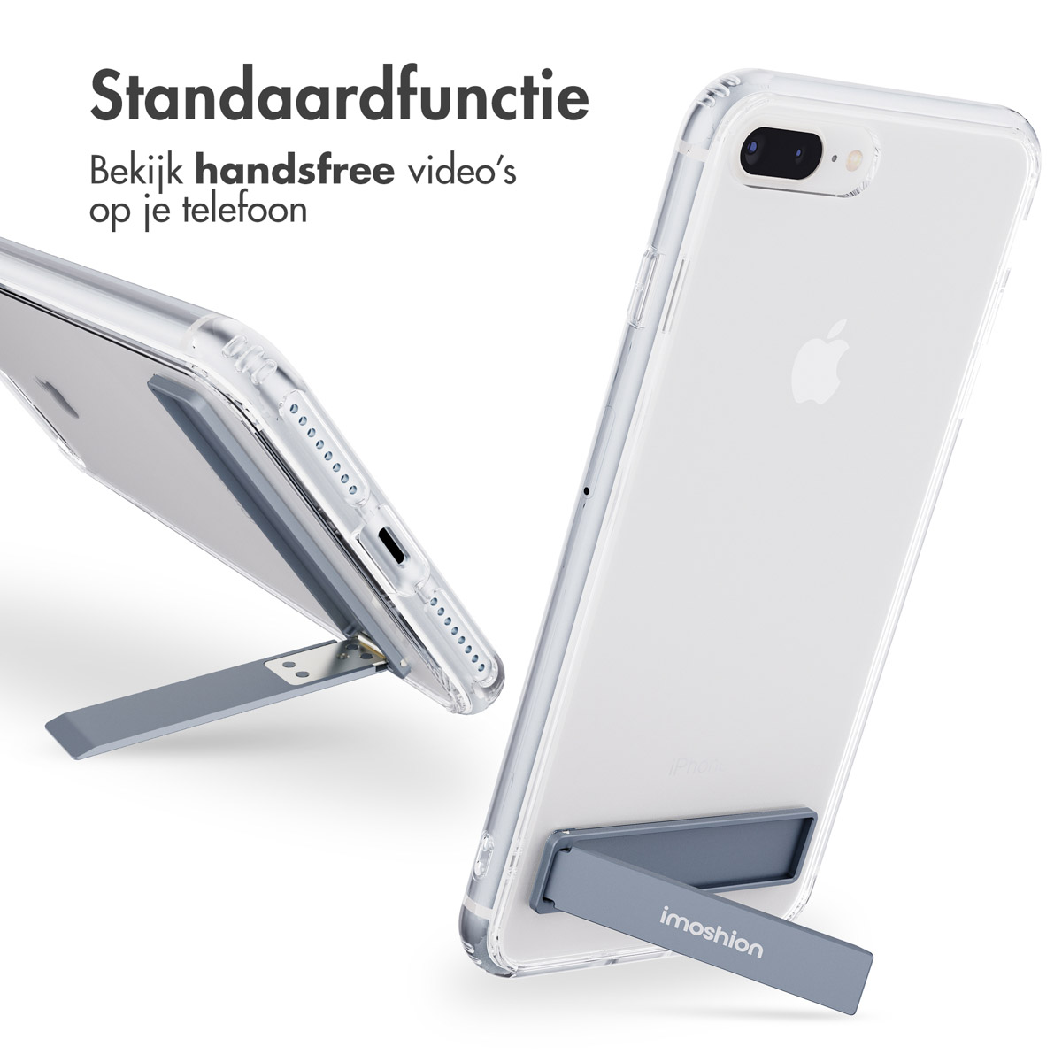 Une coque de téléphone transparente avec un téléphone à l'intérieur avec un support. Fond blanc. Le téléphone est debout.