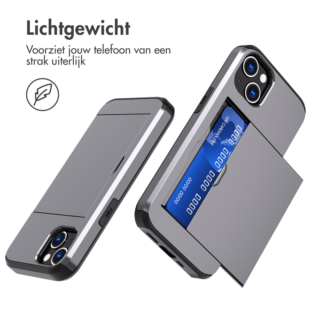 Zilveren telefoonhoes met een kaartsleuf. Een creditcard is gedeeltelijk zichtbaar.