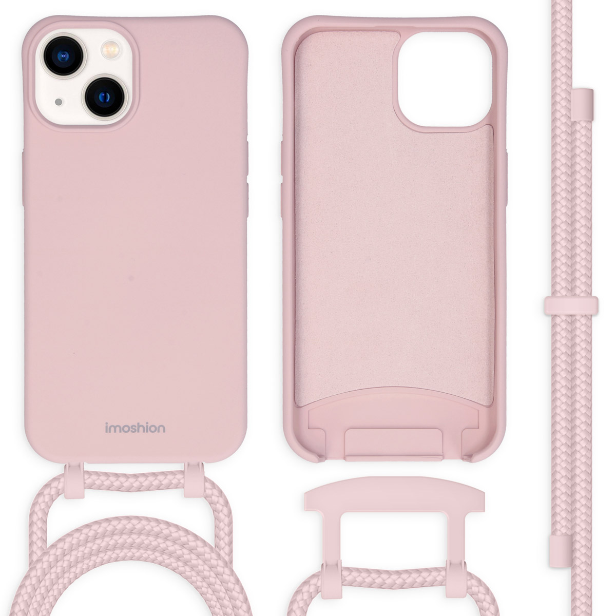 Coque de téléphone rose avec cordon rose et support rose détachable.