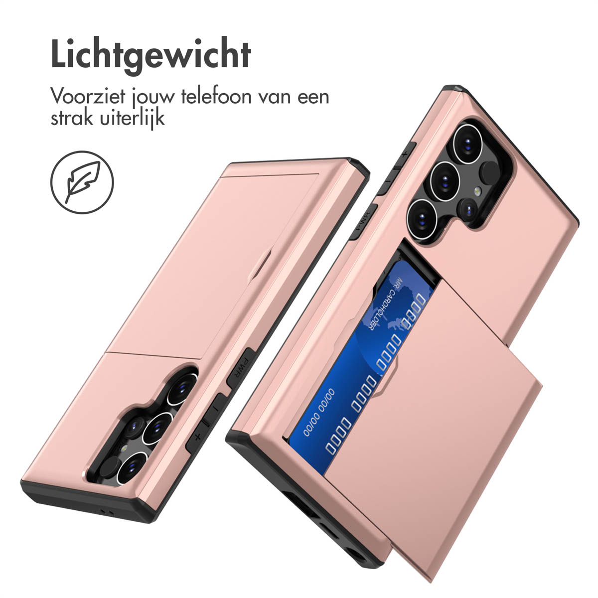 Roségouden telefoonhoesje met kaartsleuf en een blauwe creditcard. De telefoon zit in de hoes.