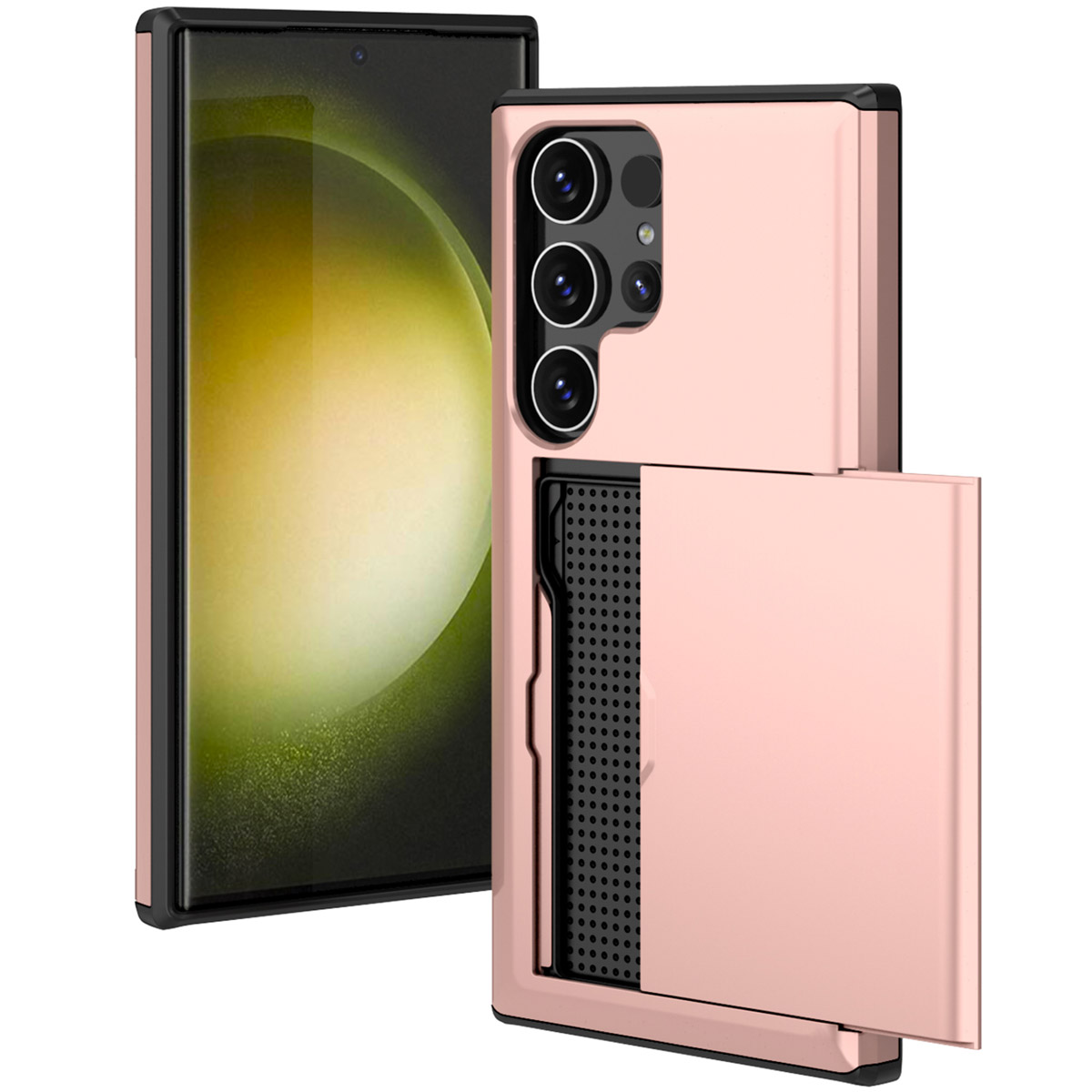 Roze telefoonhoes met een telefoon erin. De telefoon staat op de achtergrond. Witte achtergrond.