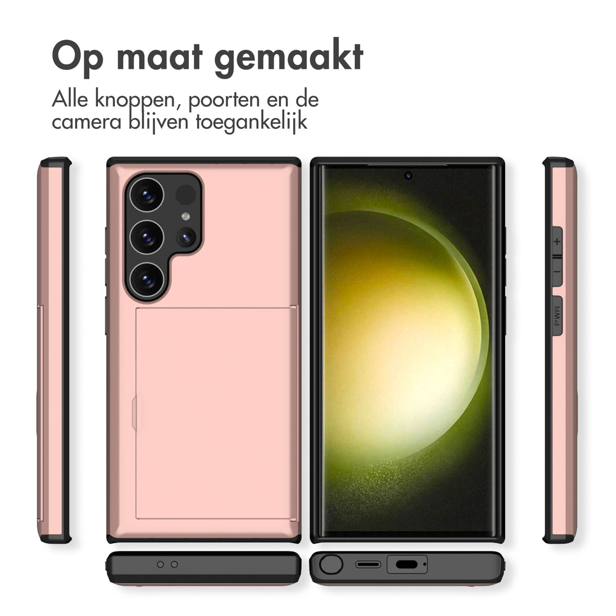 Een roze telefoonhoes met een telefoon. De hoes wordt vanuit meerdere hoeken getoond.