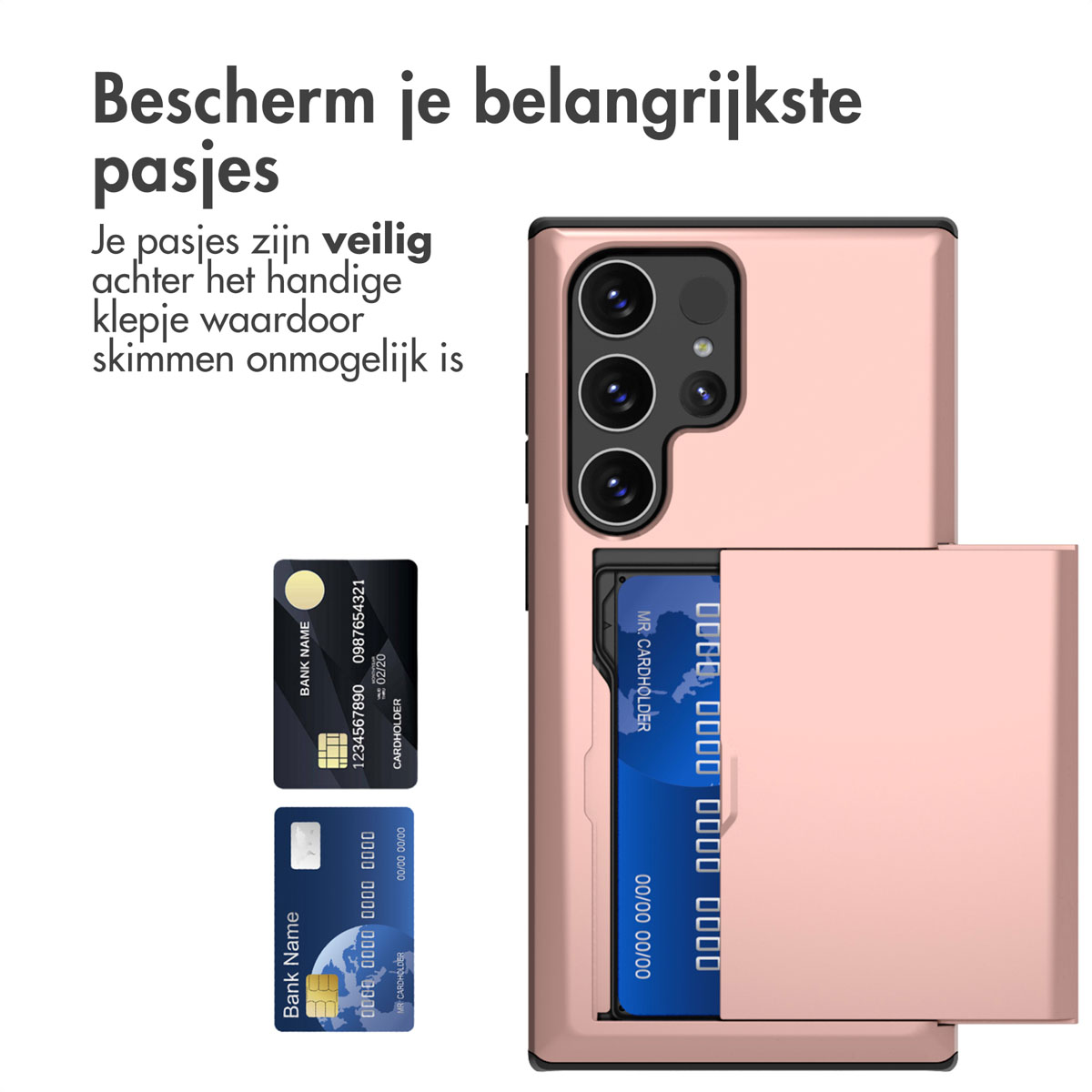 Een roze telefoonhoes met een portemonnee, met bankkaarten. Witte achtergrond, de portemonnee is open.
