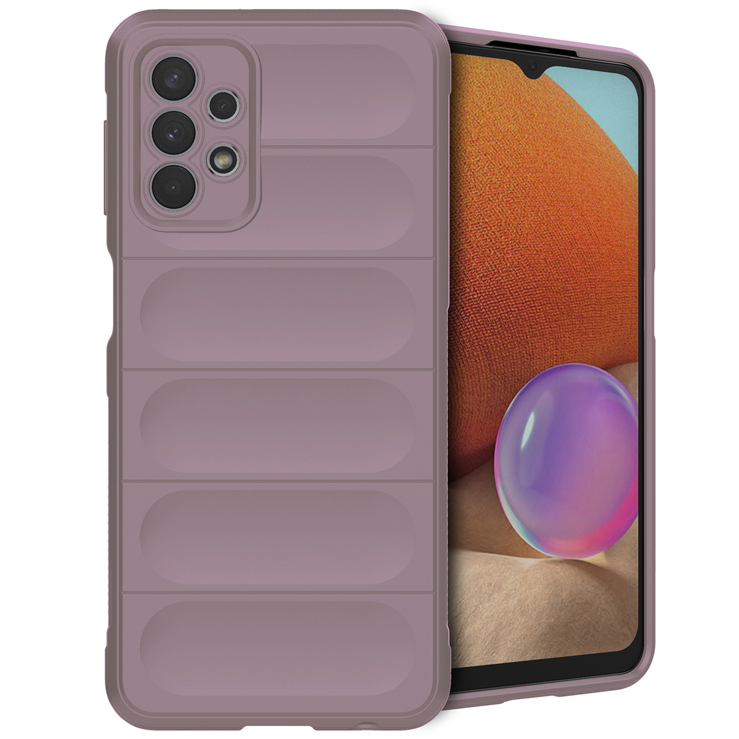 Een paarse telefoonhoes op een telefoon. De hoes heeft een getextureerde achterkant. Een telefoonscherm is zichtbaar.
