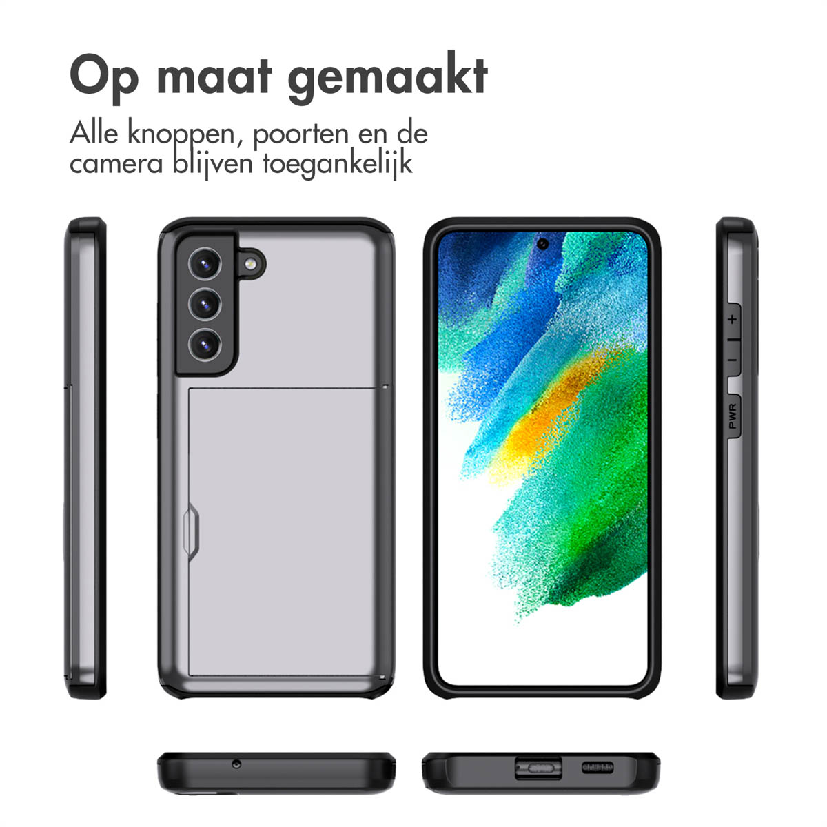 Een telefoonhoesje en een telefoon, met het telefoonscherm zichtbaar. De tekst zegt dat alle poorten en knoppen toegankelijk zijn.