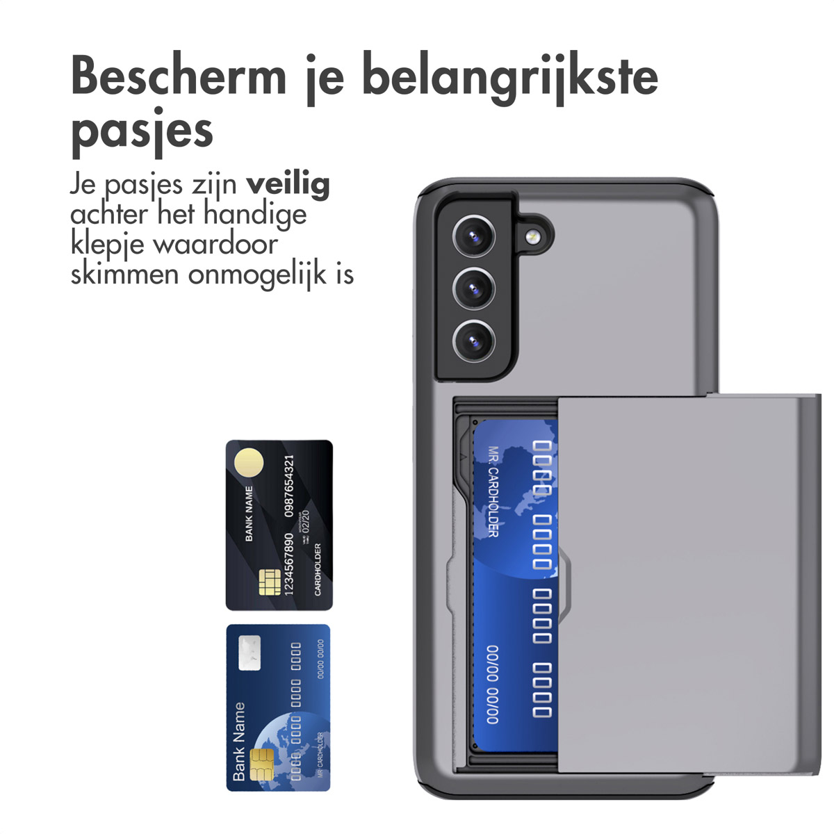 Zwarte telefoonhoes met kaartsleuven, met kaarten zichtbaar erin. Kaarten zijn veilig achter de cover.