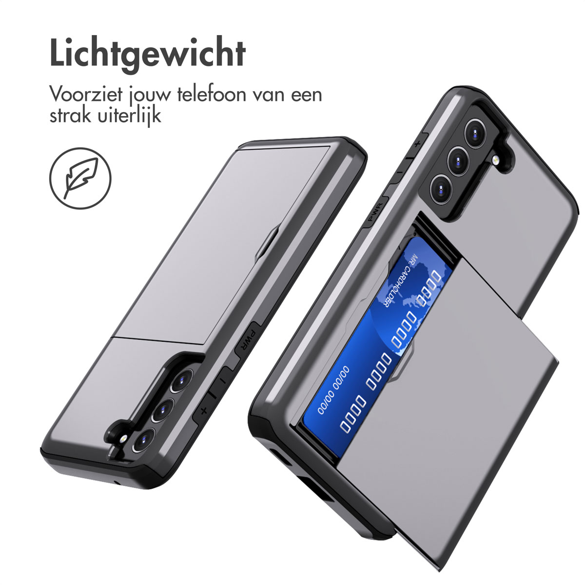 Twee telefoonhoesjes met kaarthouder, één open. Text: Lichtgewicht.
