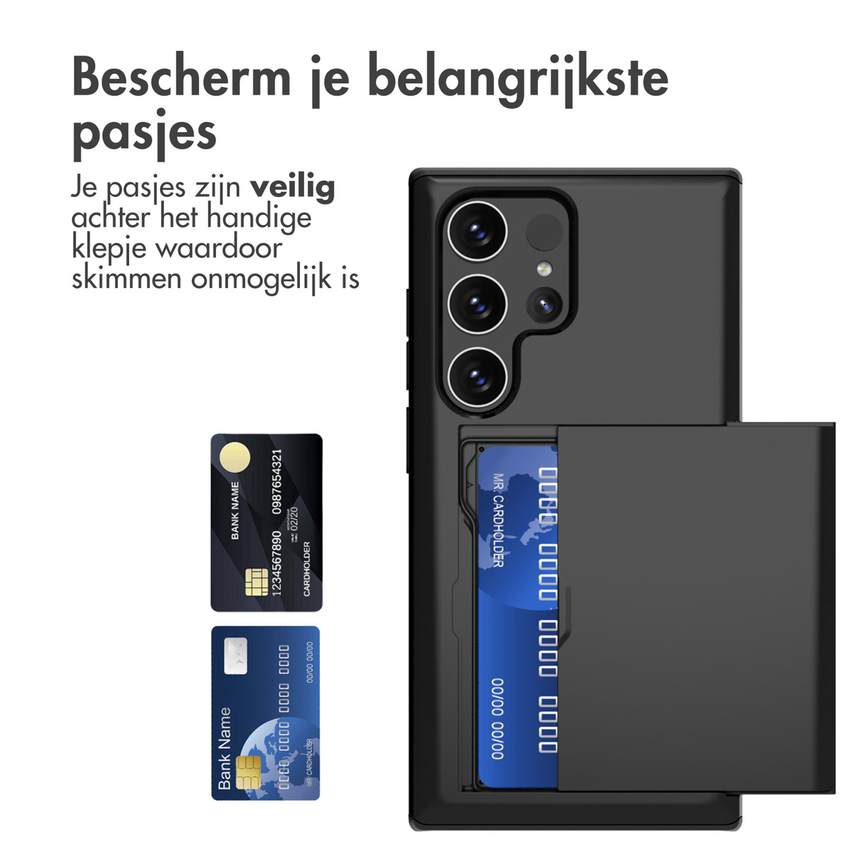 Een telefoonhoesje met een kaarthouder en twee kaarten. Text: Bescherm je belangrijkste pasjes.