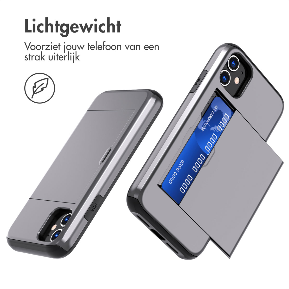 Grijze telefoonhoes met creditcards. De hoes heeft een kaarthouder met schuifdeksel.
