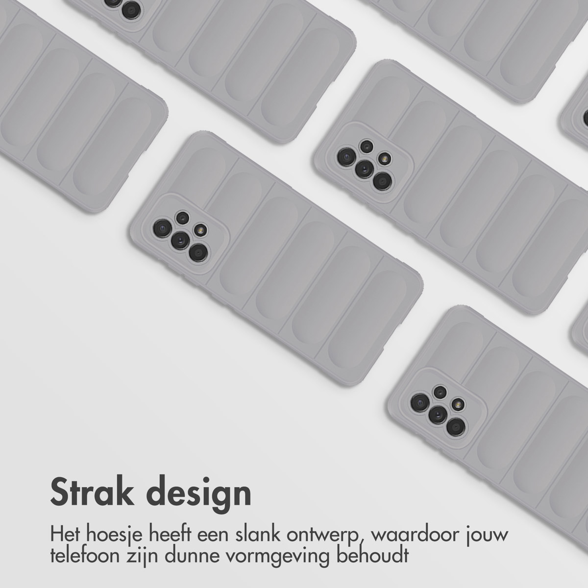 Meerdere grijze telefoonhoesjes gerangschikt. Ze hebben een gestructureerd ontwerp en camera-uitsparingen.