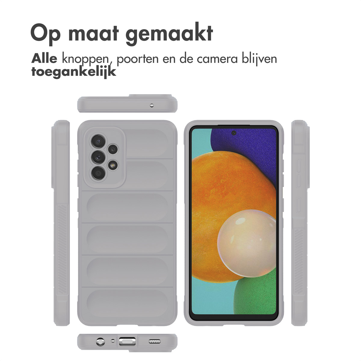 Grijze telefoonhoes met telefoon in verschillende hoeken. Witte achtergrond. De hoes heeft een patroon.