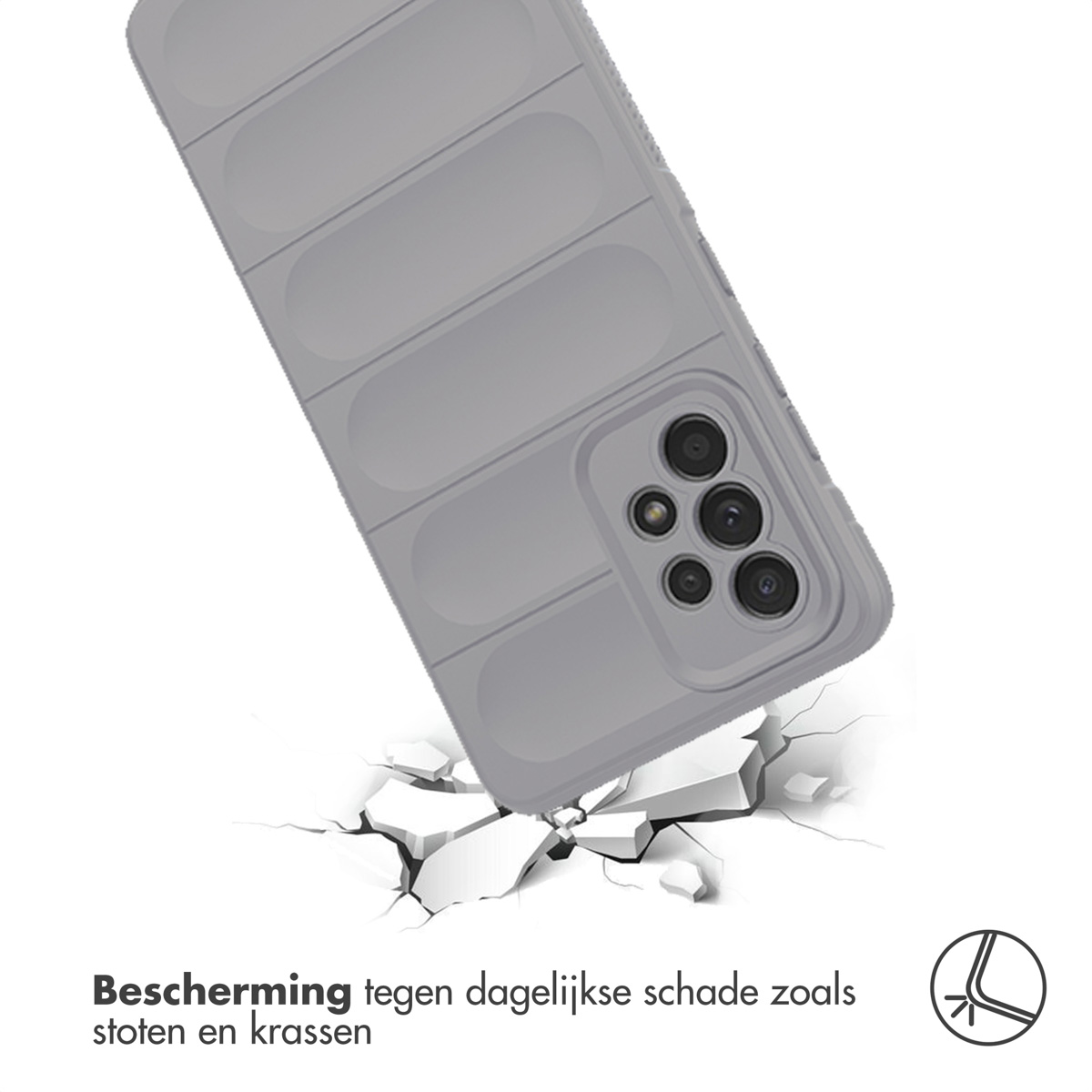 Grijze telefoonhoes valt. Witte gebroken grond op de achtergrond.