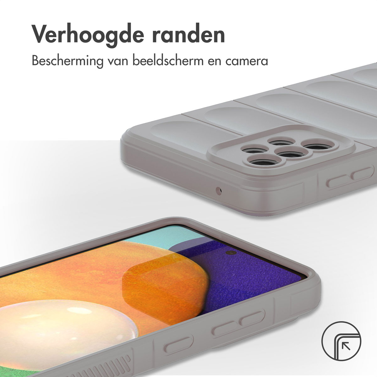 Grijze telefoonhoes met verhoogde randen, beschermt scherm en camera. Witte achtergrond.