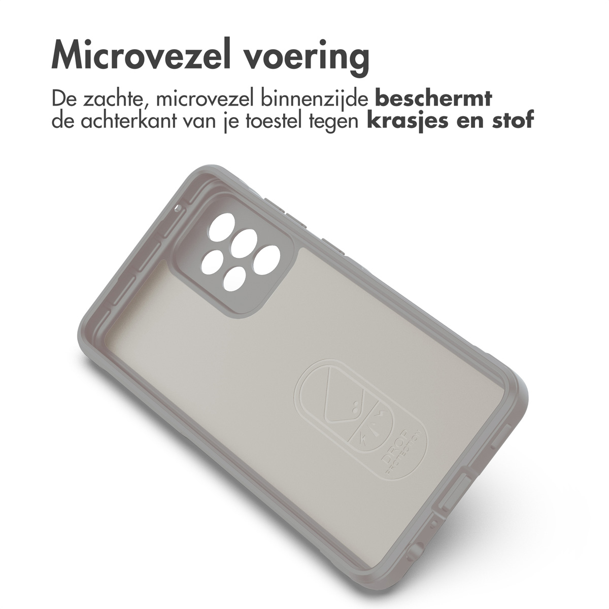 Grijze telefoonhoes met gaten voor camera's. De hoes heeft een logo.