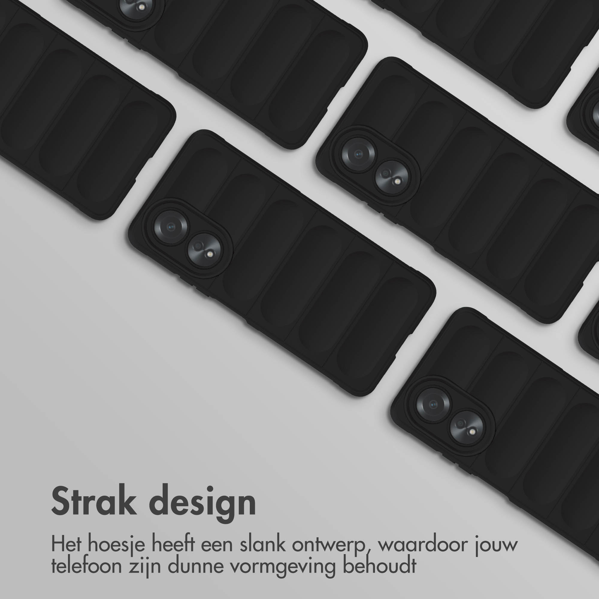 Zwarte telefoonhoesjes zijn in een diagonaal patroon gerangschikt. De hoesjes hebben een slank, geribbeld ontwerp.