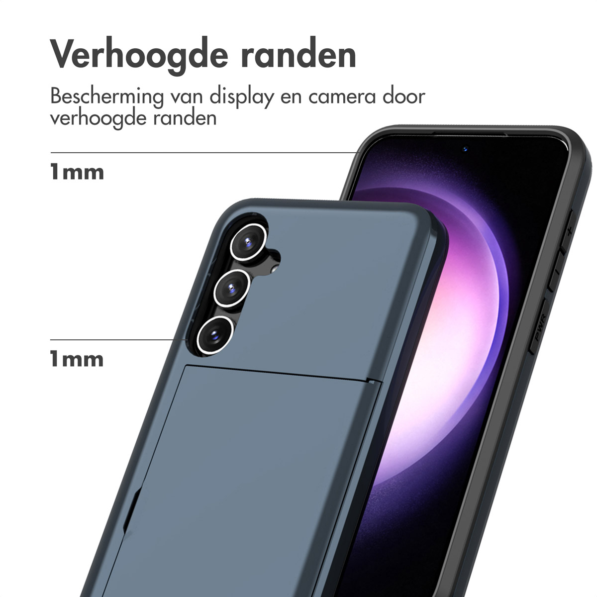 Un étui de téléphone bleu foncé avec un porte-cartes est montré. L'étui protège le téléphone et a des bords surélevés.