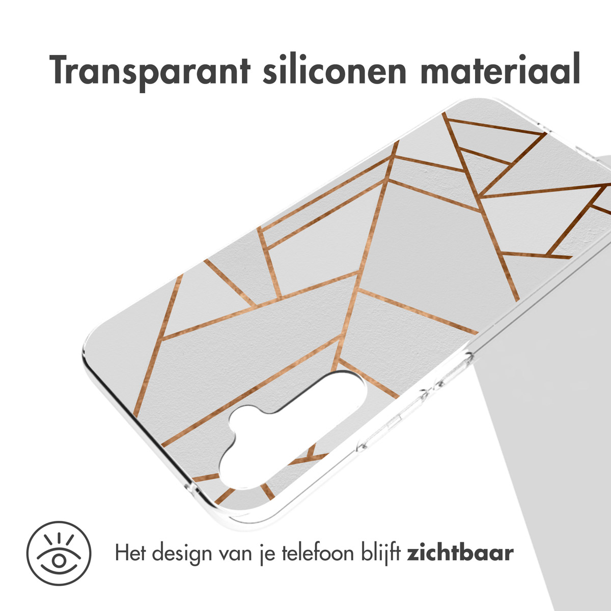 Een telefoonhoesje met een transparant ontwerp. Text: Transparant siliconen materiaal.