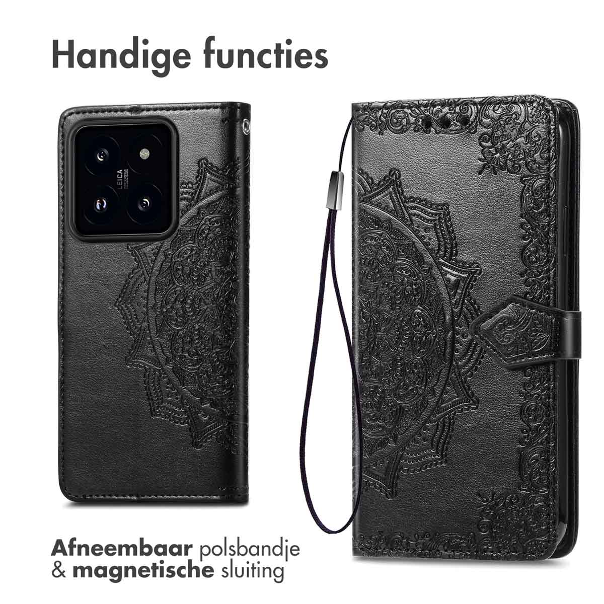 Zwarte telefoonhoes met mandala-ontwerp. Open, toont telefoon. Heeft een afneembare polsband.