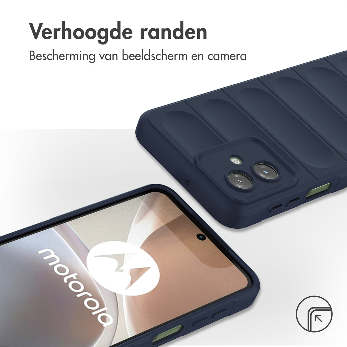 Marineblauw telefoonhoesje met een geribbelde design en een telefoon met zichtbaar scherm en motorola logo.