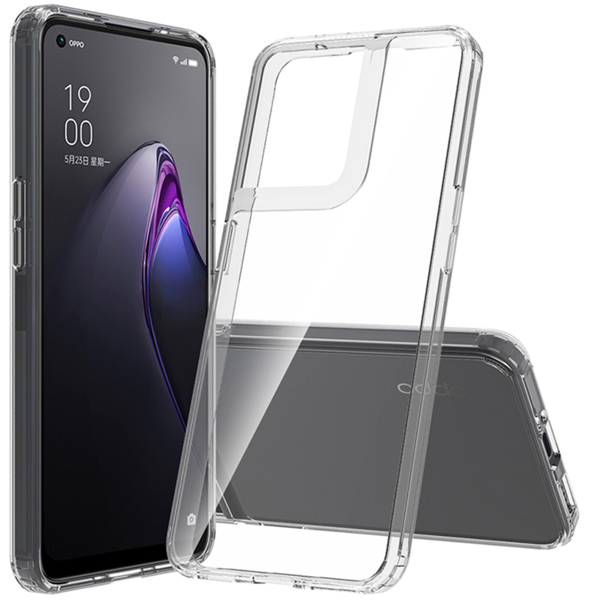 Coque transparente sur téléphone noir. Texte: Oppo.