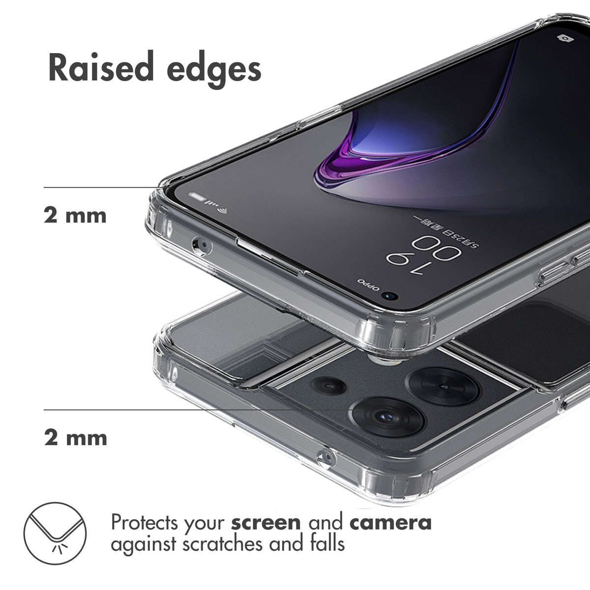 Coque de téléphone transparente avec bords surélevés. La coque est transparente et protège l'écran et l'appareil photo des rayures et des chutes.