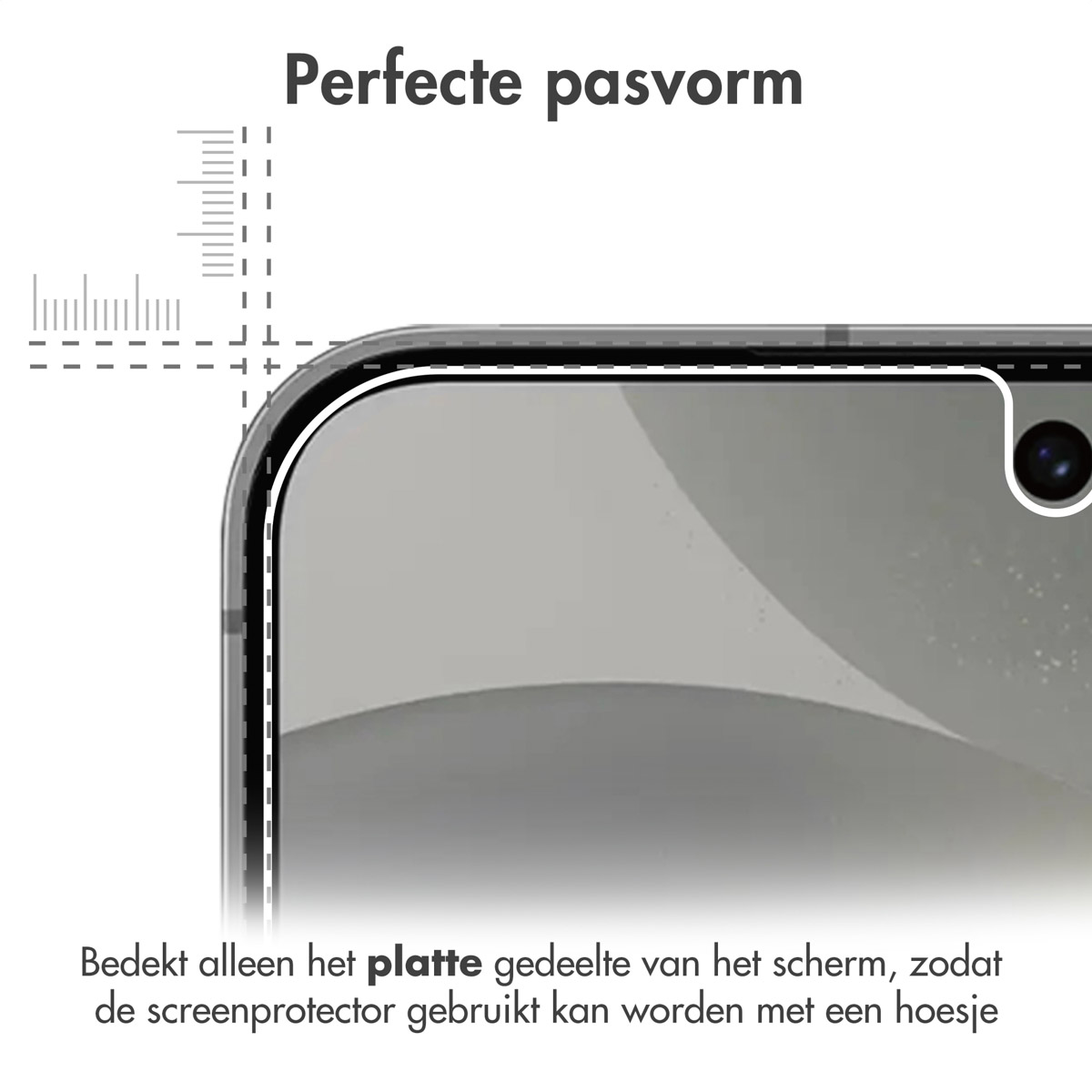 Gros plan d'un écran de téléphone avec un protecteur d'écran appliqué, avec des repères de règle.