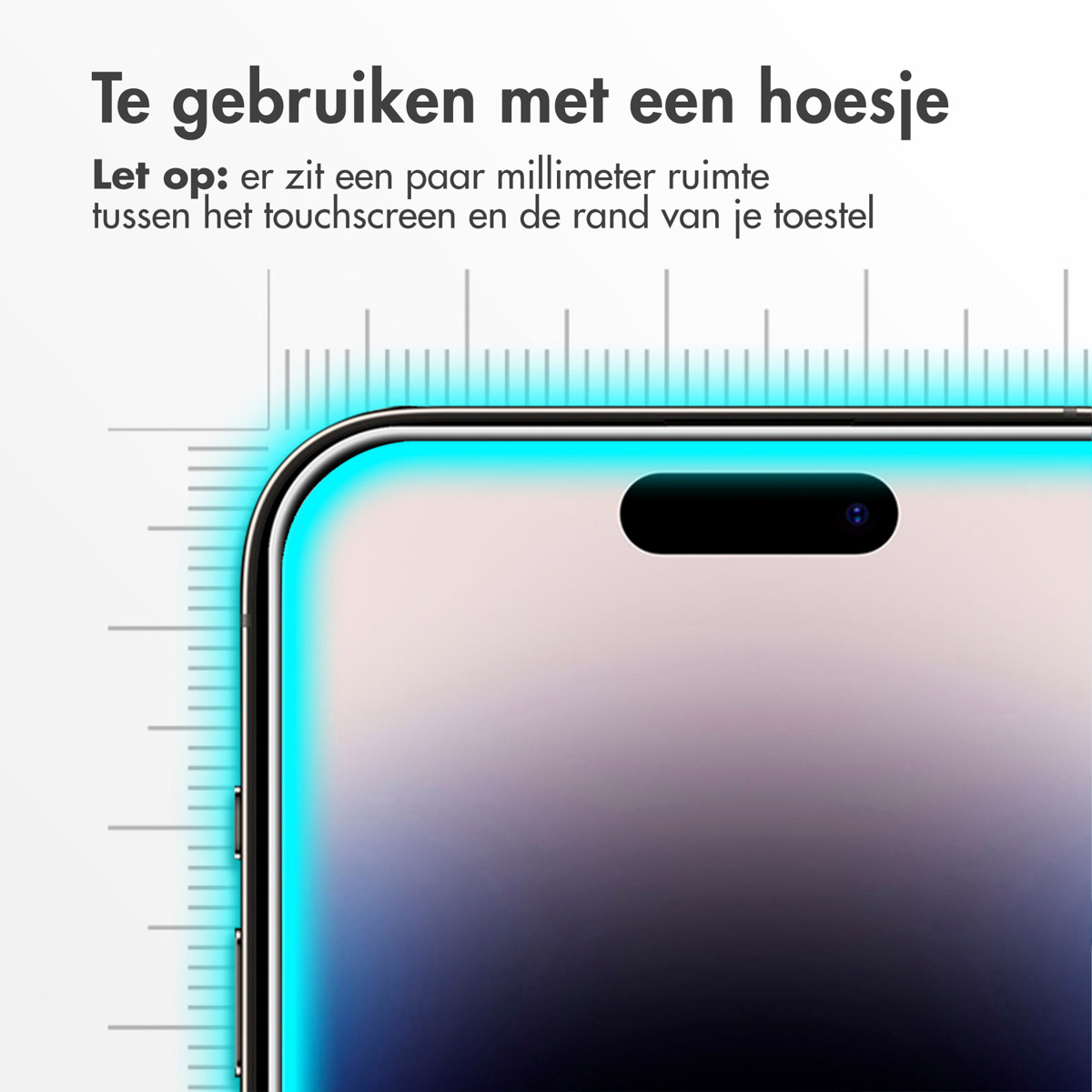 Protecteur d'écran avec téléphone visible. Texte en néerlandais. Lumière bleue autour du bord du téléphone.