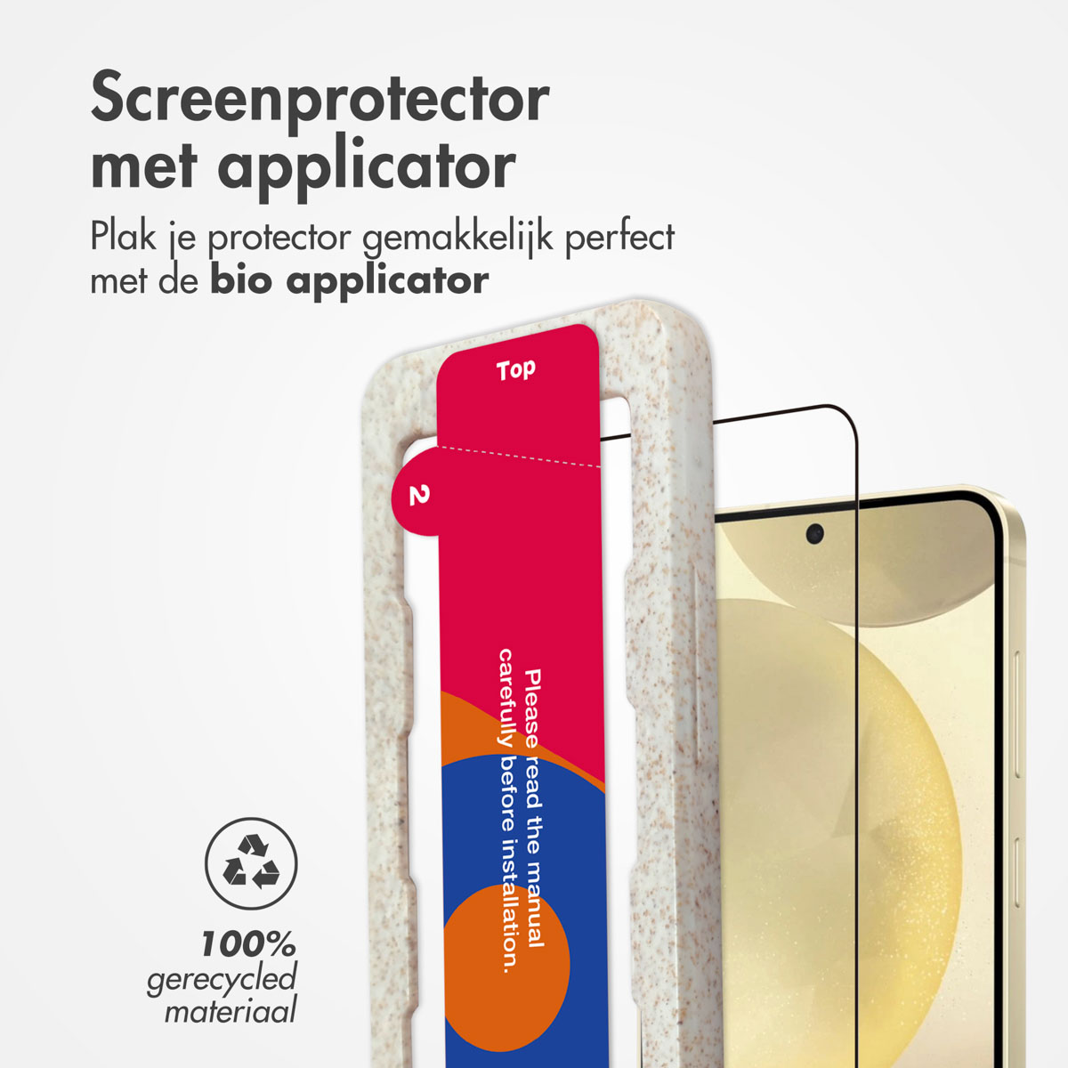 Een telefoonhoesje met een beschermer en een applicator. Tekst zegt 100% gerecycled materiaal.