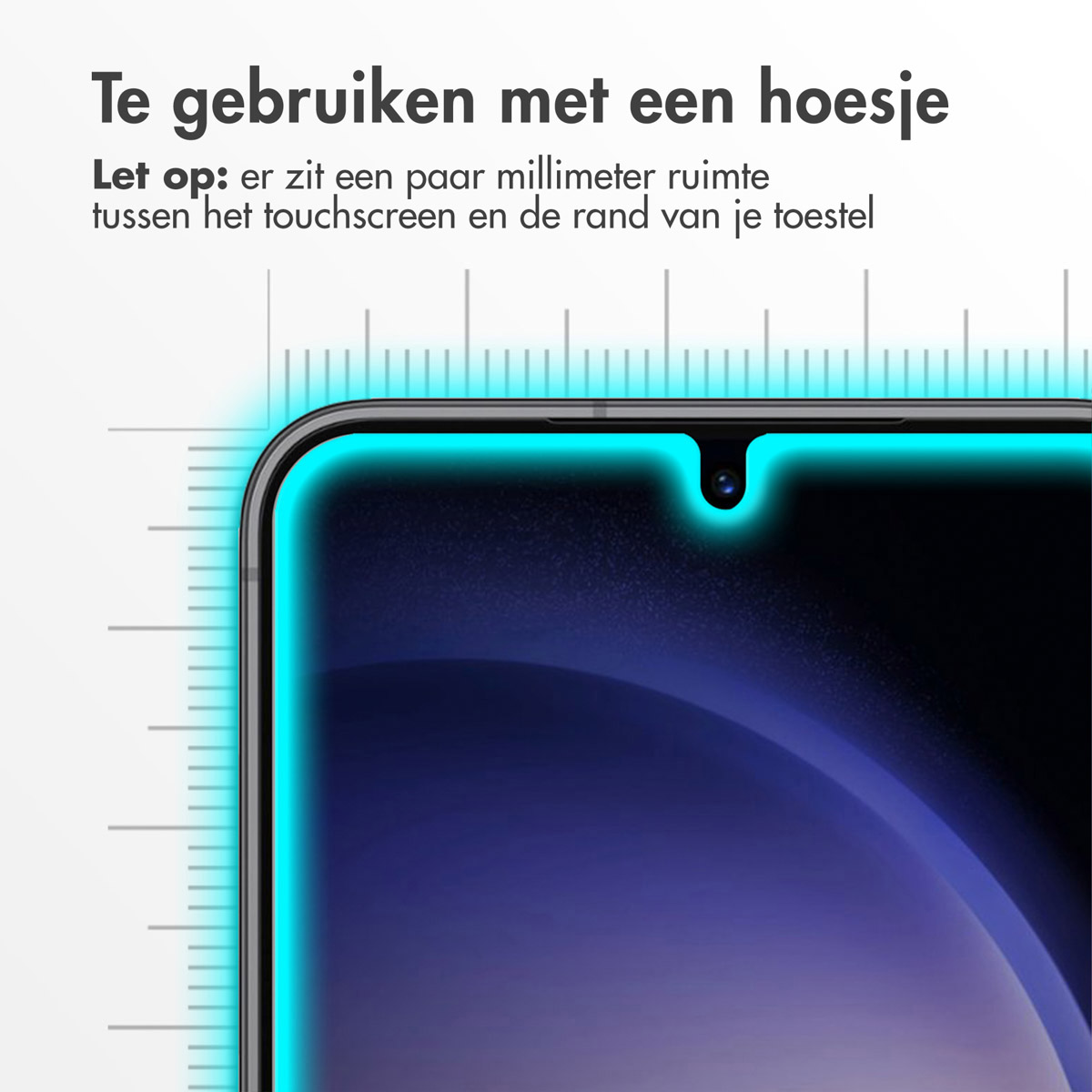Téléphone avec protecteur d'écran. Texte: Te gebruiken met een hoesje.
