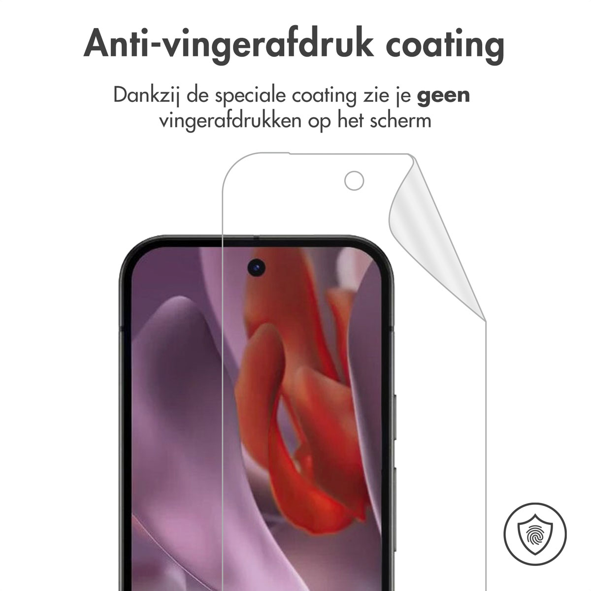 Telefoon met schermbeschermer die loslaat. Tekst: Anti-vingerafdruk coating. Een vingerafdruk-icoon.