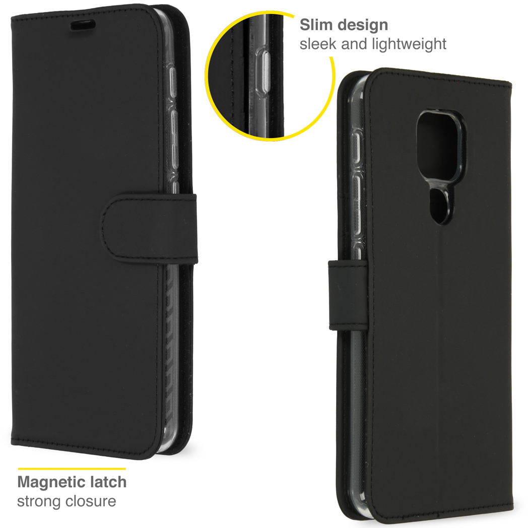 Coque de téléphone noire avec fermoir magnétique. Deux angles de vue.