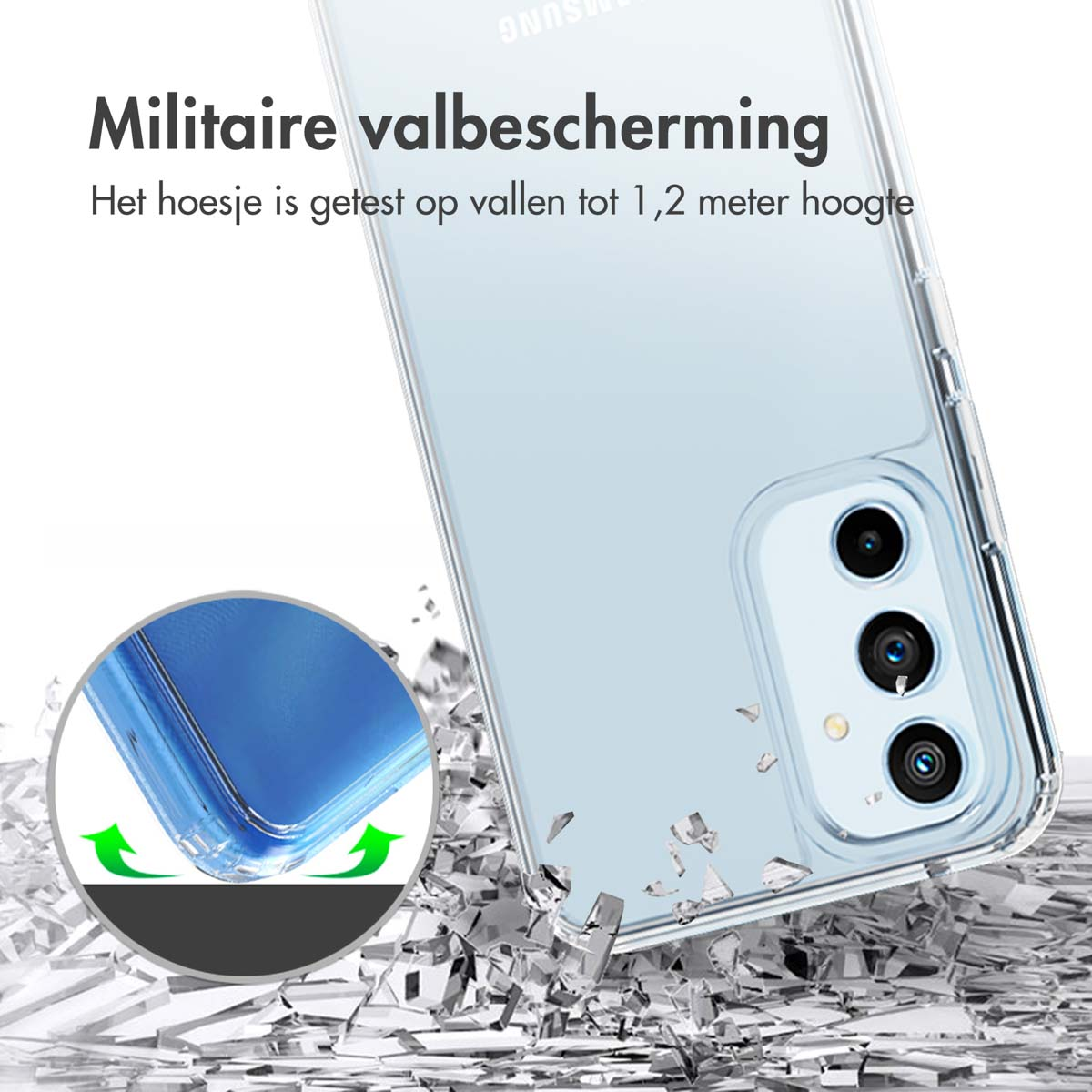 Custodia trasparente per telefono che cade. Il telefono è coperto da una custodia. Metallo sul pavimento.