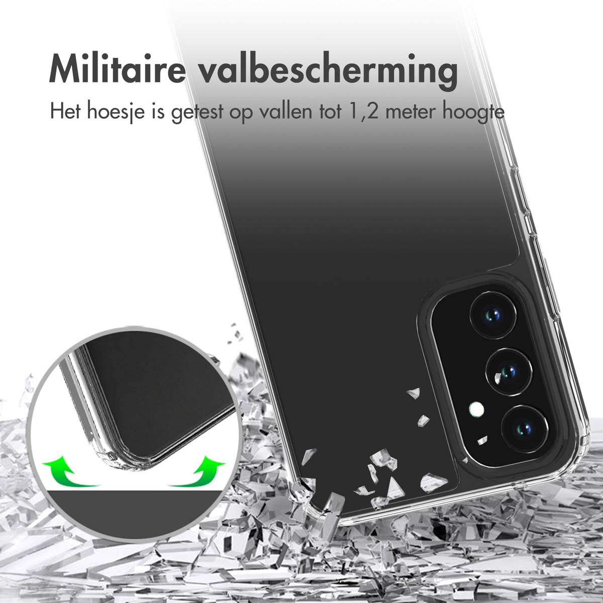 Custodia per telefono con telefono all'interno e superficie frantumata. Testo: Protezione da cadute militari.