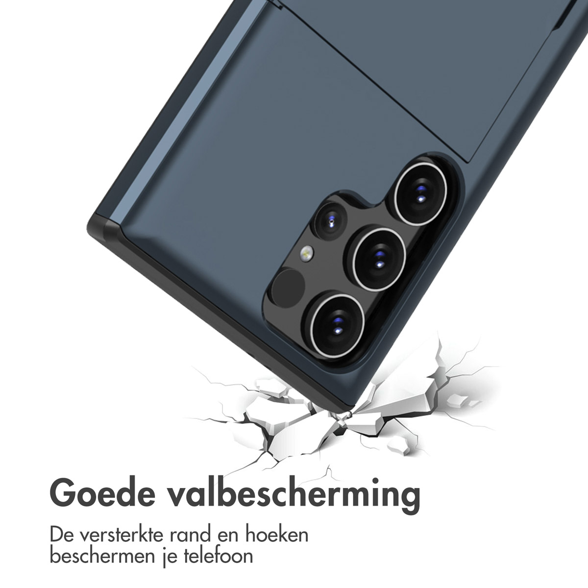 Een blauwe telefoonhoes met een camera en witte scheuren eronder. Tekst zegt goede valbescherming.