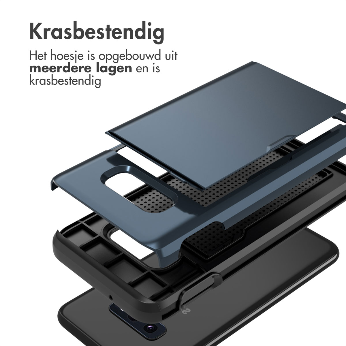Couches de l'étui du téléphone : dessus bleu marine, milieu gris, base noire. La caméra du téléphone est visible.
