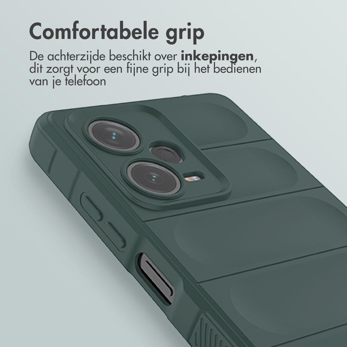 Close-up van een donkergroene telefoonhoes met een textuur. Text: Comfortabele grip.