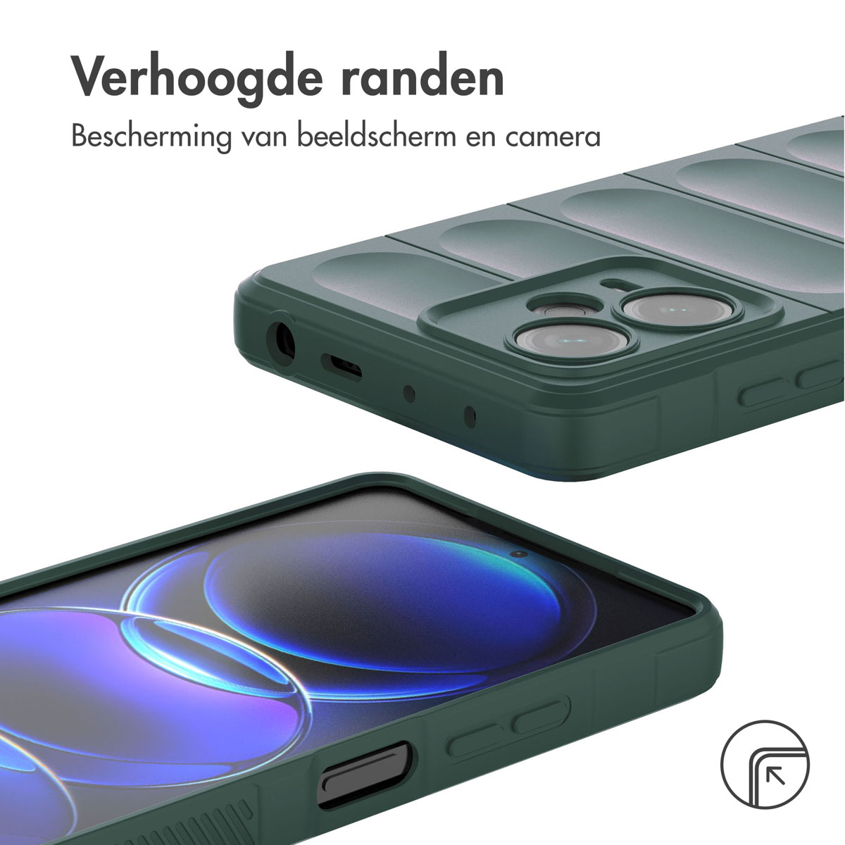 Groene telefoonhoes, tweedelig. De telefoon staat op de achtergrond. Witte achtergrond.