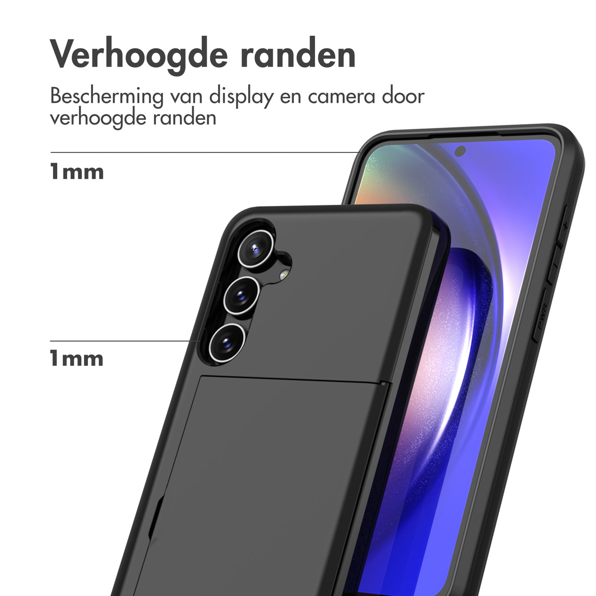Zwarte telefoonhoes beschermt een telefoonscherm. Verhoogde randen rond scherm en camera. 1 mm.