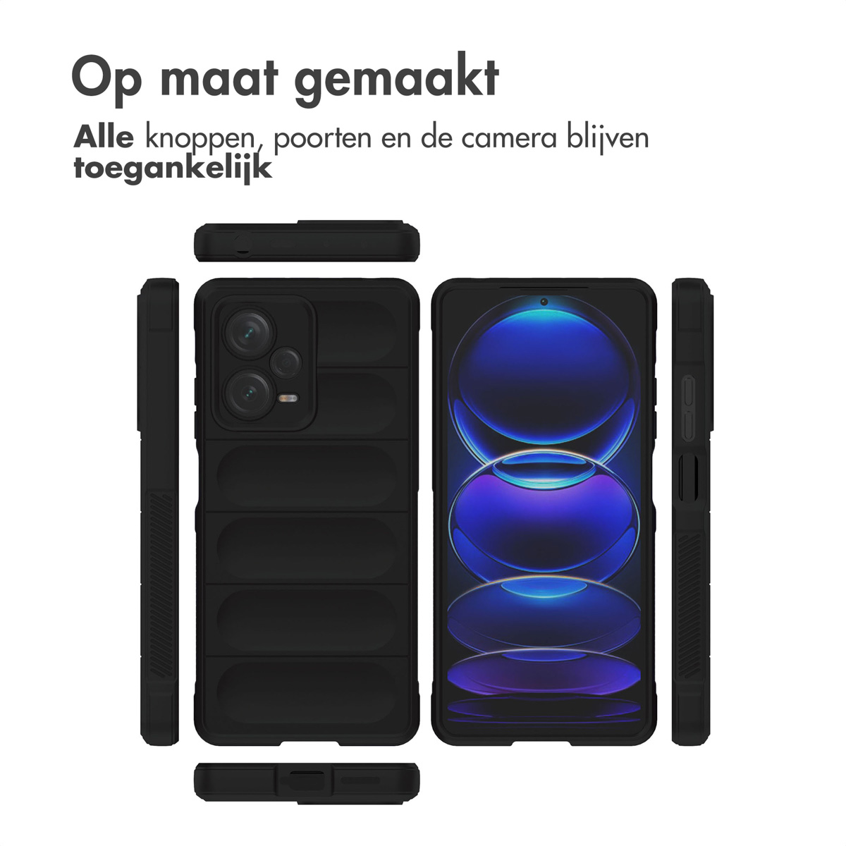 Coque de téléphone avec découpes pour l'appareil photo, les ports et les boutons. Un téléphone est à l'intérieur. Texte: Op maat gemaakt.
