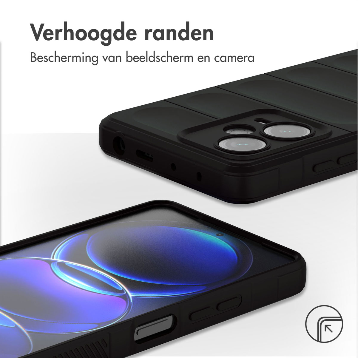 Coque de téléphone avec bords noirs et téléphone visible. Texte : Bords surélevés, protégeant l'écran et la caméra.
