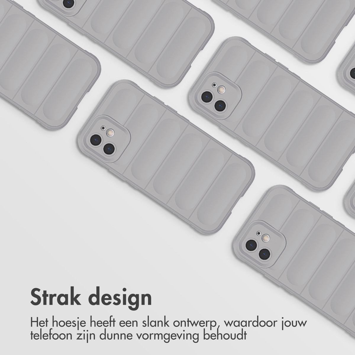 Meerdere grijze telefoonhoesjes in een raster, met de camera van de telefoon zichtbaar.