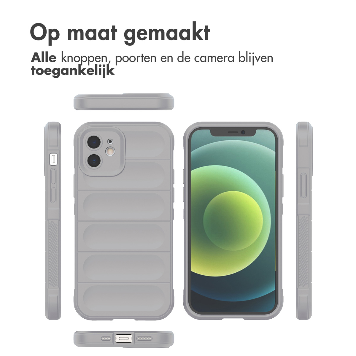 Meerdere weergaven van een grijze telefoonhoes met de telefoon erin, witte achtergrond.