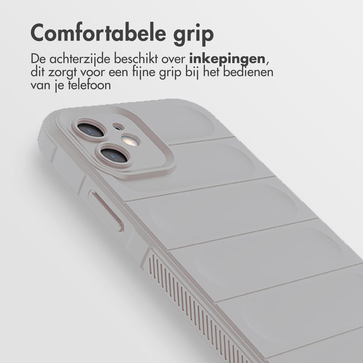 Grijze telefoonhoes met verdiept ontwerp. Witte achtergrond.