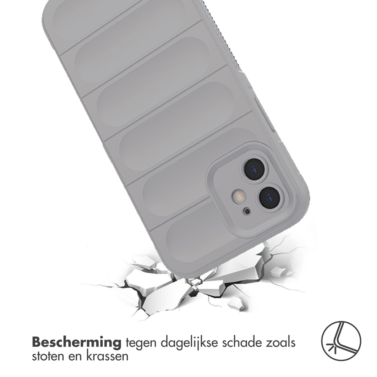 Grijze telefoonhoes met gezwollen ontwerp, in de lucht getoond boven een gebarsten oppervlak, wat bescherming tegen stoten suggereert.