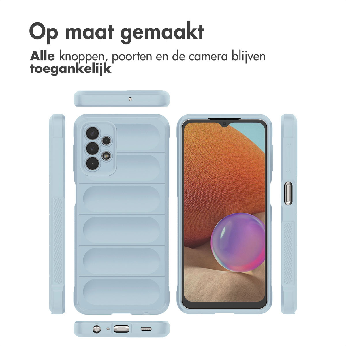 Une coque de téléphone bleue et un téléphone, la coque a un dos texturé. Le texte dit que tous les ports sont accessibles.