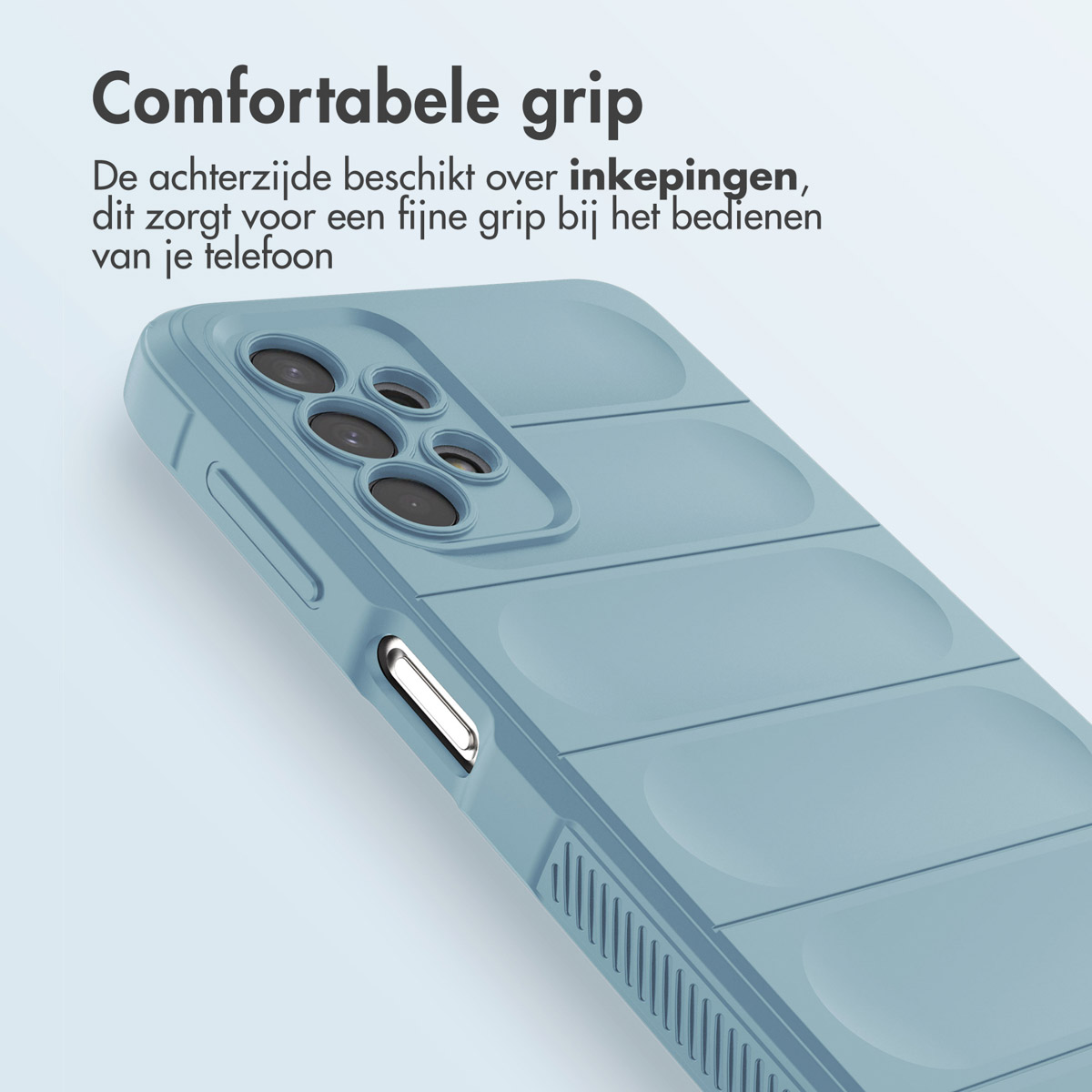Gros plan d'une coque de téléphone bleue avec des rainures horizontales.